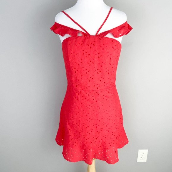 J.O.A Red Eyelet Fit Flare Dress Just One Answer - Picture 2 of 5